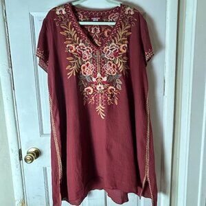 Johnny Was Workshop Embroidered Tunic Dress Maroon/Wine Boho Large Flowy Slits